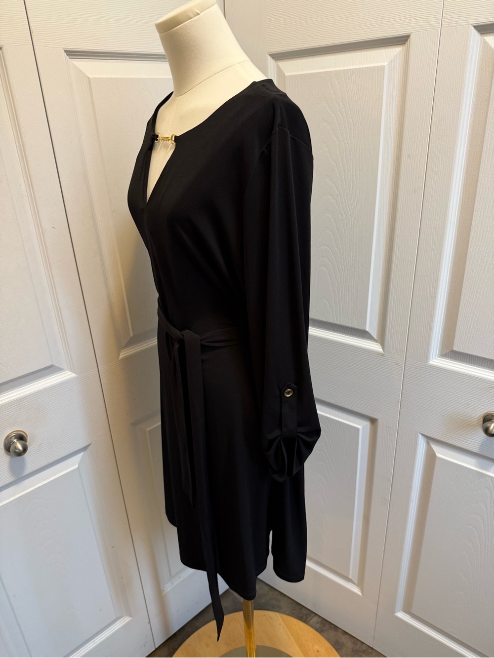Michael Kors Black Long-Sleeve Dress with Gold Accent and Waist Tie - Picture 9 of 11